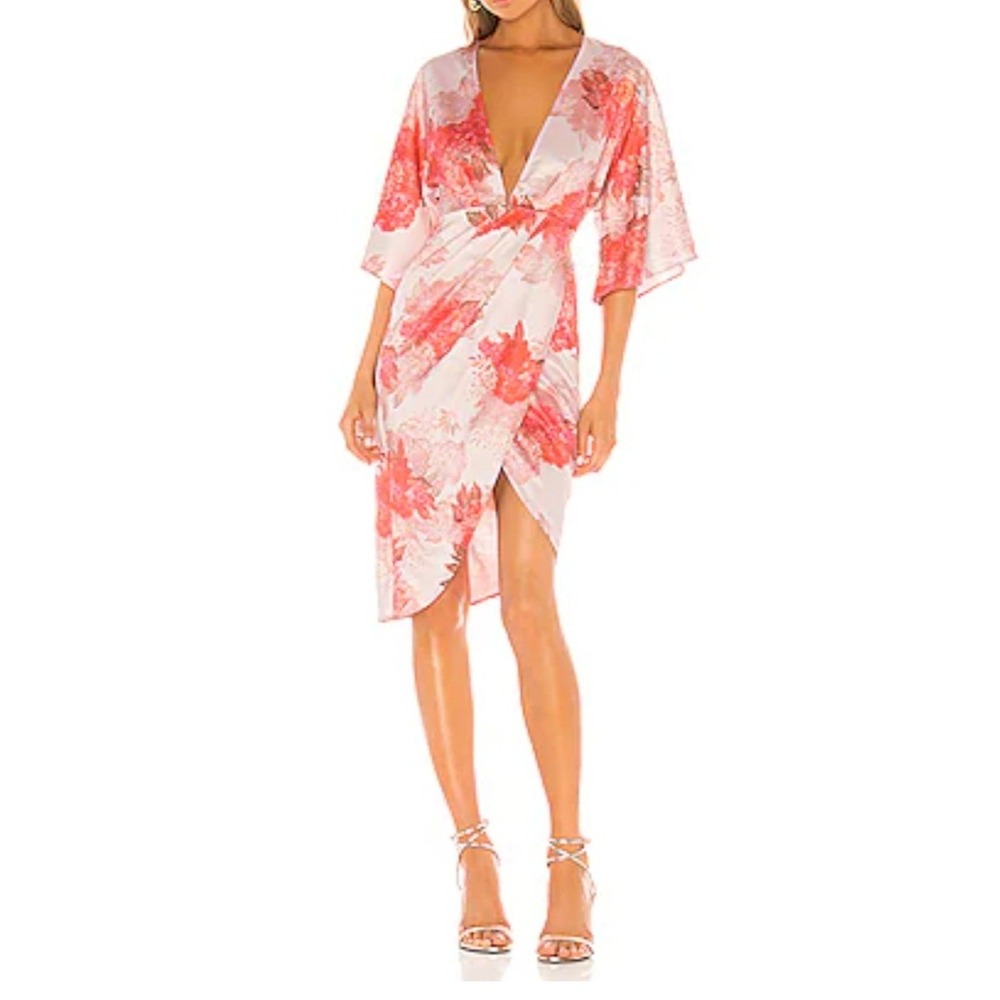 Michael Costello x REVOLVE Fatima Midi Dress Rose Floral Pink‎ Wrap Size M NEW
